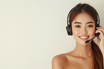 Poster - an asian businesswoman, beautiful and young, is shown wearing a headset while working at a call cent