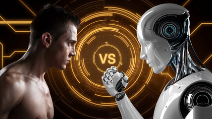 Poster - Close-up of a human and robot facing each other with clenched fists, symbolizing a dramatic showdown between human strength and artificial intelligence.