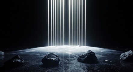 Poster - An abstract dark empty scene with blue neon light on a black background is visualized through 3D rendering