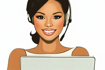 Poster - a smiling asian woman in a white shirt is operating a laptop and speaking through a headphone, set a