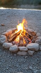 Poster - Cozy Campfire at Dusk by the River with Warm Glowing Flames and Rocky Shore