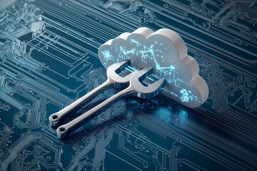 Poster - The technical support concept is centered around maintenance, indicated by a sign, and utilizes tools such as a wrench and screwdriver to address and fix tech issues