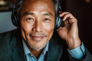 Poster - A smiling Asian male staff member, wearing a headset, is engaged in a phone conversation at the service desk of a call centre, embodying the concept of customer or technical support