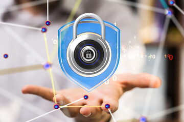 Aufkleber - secure lock - padlock holding in hand access concept 3d