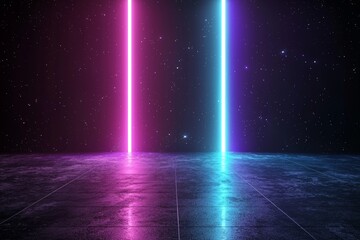 Poster - The stage is set with a dark abstract background, complete with neon blue and pink accents and radiant light lines