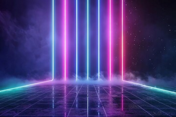 Poster - An empty stage is defined by its dark abstract background, which features vibrant blue and pink neon lights and glowing linear details