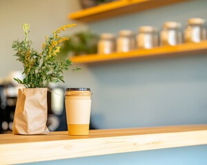 Fototapete - Minimalist Cafe Interaction Eco-Friendly Bamboo Cup and Paper Flower Bag on Light Wood - Innovative Beverage Marketing and Sustainable Retail Design