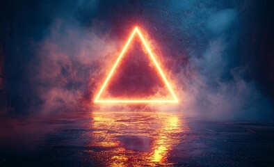 Poster - In the midst of a dark abstract futuristic landscape, a geometric triangle stands out, set against a backdrop of neon blue-pink light emanating from a dark background