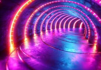 Poster - In the midst of a dark abstract futuristic background, a geometric cyber circle takes center stage, surrounded by vibrant neon blue-pink rays of light
