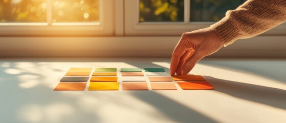 Poster - Sunlit Minimalist Workspace Organizing Colorful Workflow Cards on Smooth Surface - Agile Team Strategy and Efficiency for Modern Business Environments