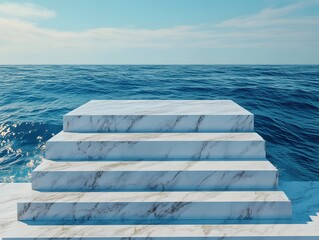 Poster - Marble Steps Leading to the Ocean Under a Bright Sky for a Serene Backdrop