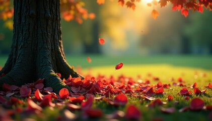 Wall Mural - Petals and leaves fall from a tree onto a grave, leaves, quiet