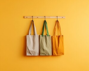 Poster - Contemporary Dorm Decor Minimalist Wooden Pegboard with Canvas Bags on Vibrant Yellow Wall - Sustainable Organization for Creative Modern Living Spaces