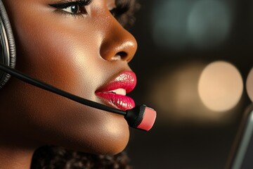 Poster - at a call center office, a smiling businesswoman wearing a wireless headset with a microphone works 