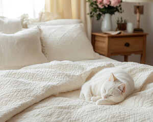 Poster - A white cat peacefully sleeping on a cozy beige bed with soft quilted blankets and pillows, creating a serene and calm atmosphere in a warm, natural light-filled bedroom.