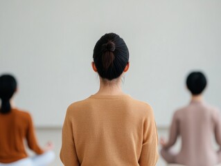 Poster - Mindful Conference Room Meditation Korean Professionals in Neutral Hues Embracing Workplace Wellness - Boosting Mental Health in Modern Business Environments