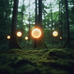 Poster - Enchanting Mystical Forest Aesthetic Glowing Orbs Among Moss-Covered Trees - Fantasy Content for Immersive Gaming and Digital Storytelling in AR/VR Experiences