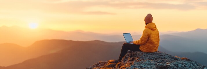 Poster - Nature-Integrated Digital Workspace Adventurous Remote Work Lifestyle with Tech Gear on Sunrise Cliff Flexible Employment and Eco-Conscious Productivity for Modern Nomads