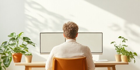 Aufkleber - Scandinavian Workspace Aesthetic Biophilic Home Office with Minimalist Desk, Ergonomic Seating and Dual Monitors - Modern Productivity for Remote Tech Professionals