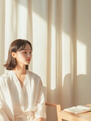 Poster - Minimalist Korean Dorm Design Soft Pastel Textures and Foldable Furniture for Efficient Student Living - Contemporary Space-Saving Solutions and Academic Focus