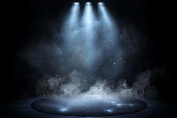 Poster - Empty space fills a studio's dark room, where blue lighting and fog or mist create an atmosphere on the concrete floor against a black background