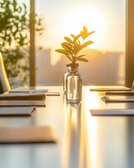 Leinwandbilder - Sunlit Minimalist Conference Setup Glass Vases and Notepads on Wooden Table - Professional Workspaces and Modern Business Collaboration Environment Enhancement