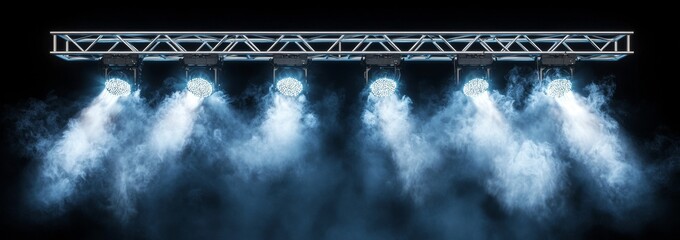 Poster - A blue light emanates from the lighting equipment on the stage, where a spotlight is directed at the scene, podium, and stage, resulting in bright illumination from spotlights in an isolated black