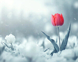 Aufkleber - A vibrant red tulip standing tall in a snowy field, surrounded by white tulips, symbolizing resilience, beauty, and the arrival of spring amidst winter's cold.