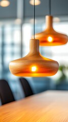 Aufkleber - Scandinavian Office Ambience Contemporary Wooden Pendant Lighting in Modern Boardroom for Strategic Meetings - Enhancing Corporate Spaces with Warm Design and Collaborative Atmosphere