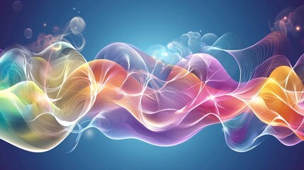 Poster - Glowing particles are in motion within a colorful and abstract wavy design