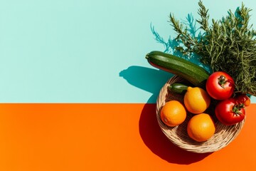 Fototapete - Contemporary Farm-to-Table Aesthetic Vibrant Vegetable and Fruit Display in Woven Basket on Bold Color Block for Organic Market and Eco-Conscious Retail Promotions