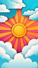 Aufkleber - A vibrant illustration of a sun surrounded by colorful rays in red, orange, and yellow, peeking through soft clouds in a playful and stylized design, symbolizing energy and positivity.