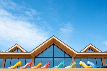 Aufkleber - Retro Flared Heels Display Vibrant Vintage Footwear Against Architectural Triangular Peaks - Urban Fashion Marketing and Boutique Visual Merchandising