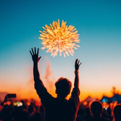Poster - Vibrant Fireworks Graph Dynamic Nighttime Celebration with Silhouetted Crowd - Engaging Event Content for Social Media Marketing and Visual Storytelling