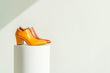 Leinwandbilder - Retro Flared Heels Display Vibrant Leather Textures on Minimalist Pedestal Trendy Fashion Content for Footwear Marketing and Style Merchandising