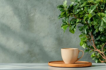 Aufkleber - Minimalist Workspace Stoneware Mug on Wooden Tray Beside Lush Greenery - Modern Lifestyle and Eco-Friendly Cafe Design for Relaxed Productivity
