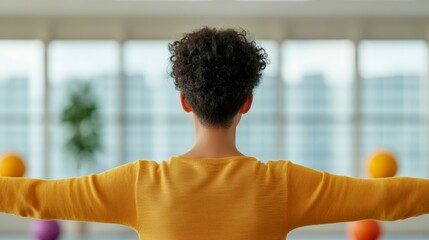 Poster - Mindful Office Wellness Young Adults Practicing Desk Stretches in Minimalist Bright Space - Stress Management for Corporate Health and Productivity