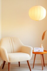 Poster - Minimalist Office Wellness Corner Cozy Cream Armchair and Warm Lighting in Mid-Century Style - Enhancing Corporate Wellbeing and Employee Productivity
