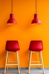 Aufkleber - Modern Office Aesthetic Vibrant Red Stools and Orange Accent Wall in Contemporary Break Room - Social Workspace Culture and Communal Area Design for Innovative Business Environments