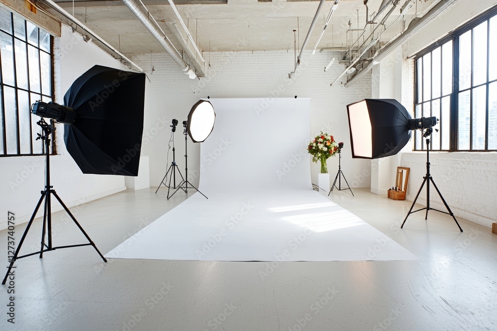 An empty photo studio is set up with lighting equipment and a ...