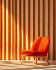 Poster - Warm Minimalist Lounge Contemporary Orange Chair on Wooden Paneling - Office Design Elegance and Acoustic Comfort for Modern Workspaces