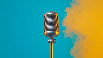 Aufkleber - Retro Microphone Aesthetic Vintage Metal Mic with Vibrant Backdrop and Smoke - Entertainment Branding and Classic Music Ambiance for Event Marketing