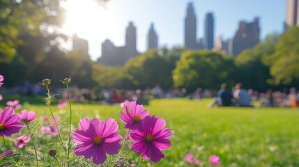 Wall Mural - A city sanctuary, vibrant flowers in the grass set against a lively urban skyline