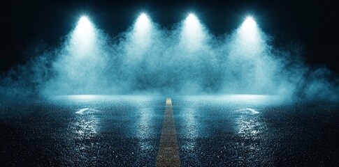 Poster - The image features a dark street with abstract asphalt, light, and smoke, all on a black background, created using 3D rendering