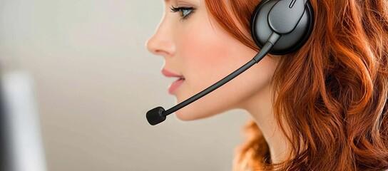 Poster - In a call center, a Hispanic woman wearing a headset offers service support as a female customer support or sales agent