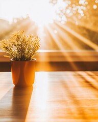 Poster - Sunlit Biophilic Workspace Natural Wooden Surface with Potted Plant - Inspiring Eco-Centric Office Design for Enhanced Wellbeing and Productivity in Modern Corporate Environments