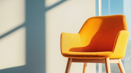 Poster - Mid-Century Modern Office Lobby Vibrant Orange Fabric Chair with Sunlit Wooden Frame - Dynamic Workspace Aesthetic for Corporate Networking and Collaborative Innovation