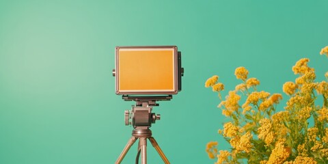 Poster - Retro-Inspired Media Production Setup Vintage Camera on Matte Finished Tripod with Vibrant Flora - Creative Content Development and Visual Storytelling for Media Industries