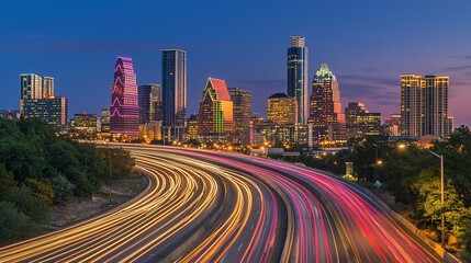 Poster - The city skyline illuminated by a vast array of headlights and taillights serves as the backdrop for the motion blur of a busy urban highway during the evening rush hour