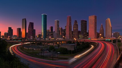 Poster - A busy urban highway during the evening rush hour is characterized by motion blur, with the city skyline in the background lit up by a multitude of headlights and taillights
